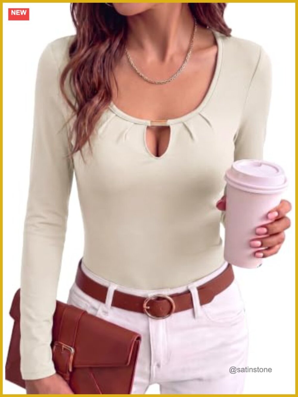 Slim Fit Long Sleeve Round Neck Keyhole Blouse Pullover for Work Casual
